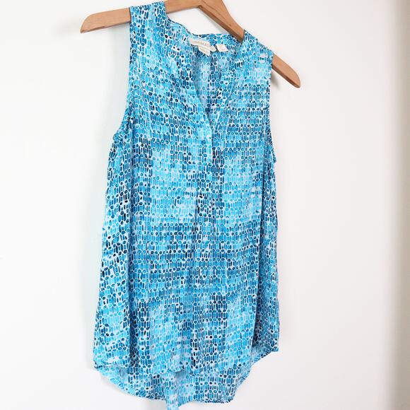 Cynthia Rowley Size S Silk Sleeveless V-neck Blouse Teal Blue White - Picture 2 of 9